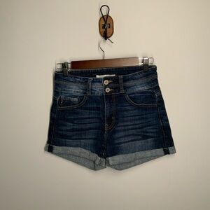 KanCan Blue Jean Shorts with Rolled Hem and Dark Faded Wash